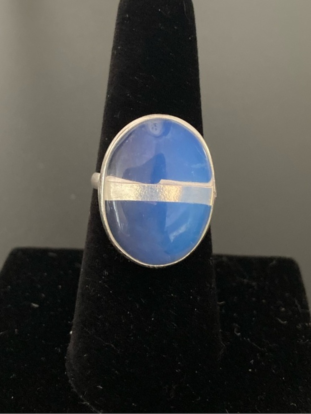 Blue Oval Glass Statement Ring - 925 Silver Size 7